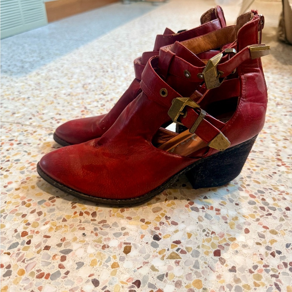 Jeffrey Campbell Red Leather Cutout Buckle Heel Boots